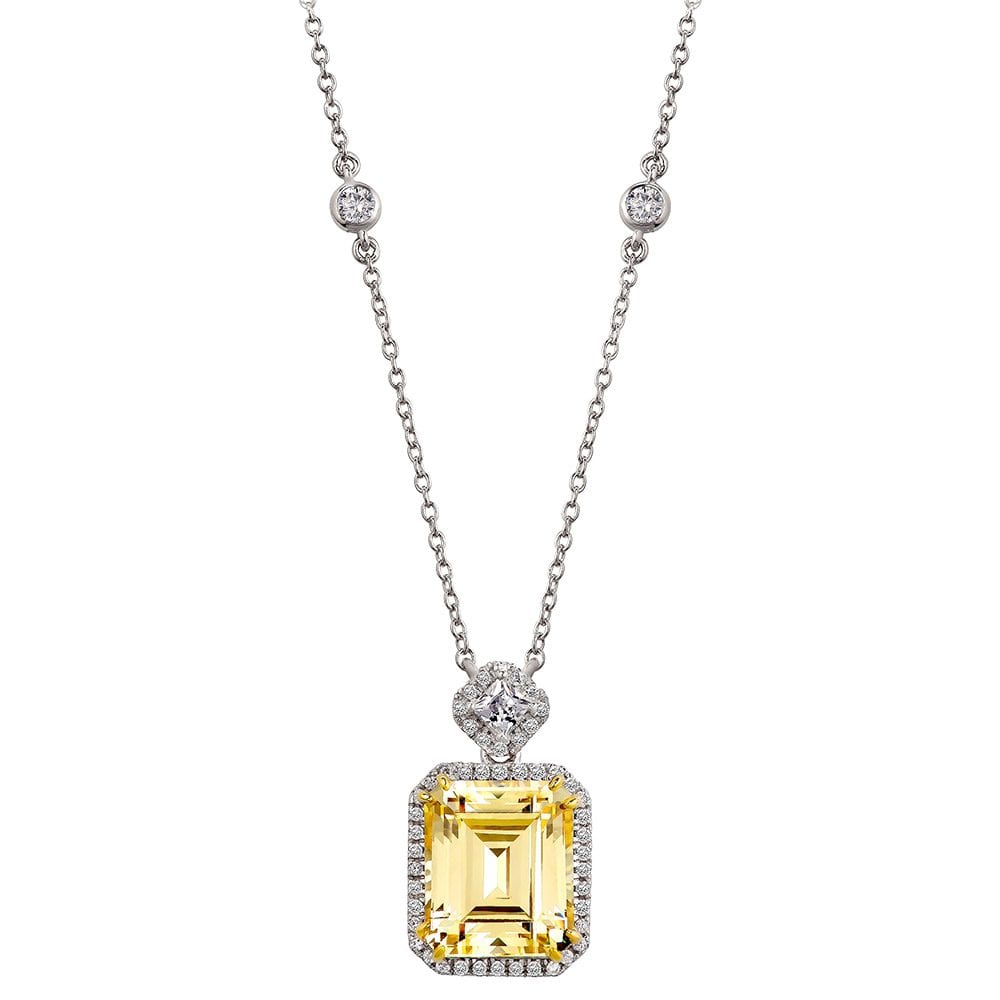 Silver Fancy Light Yellow Emerald Cut Station Necklace with 18 KGP 