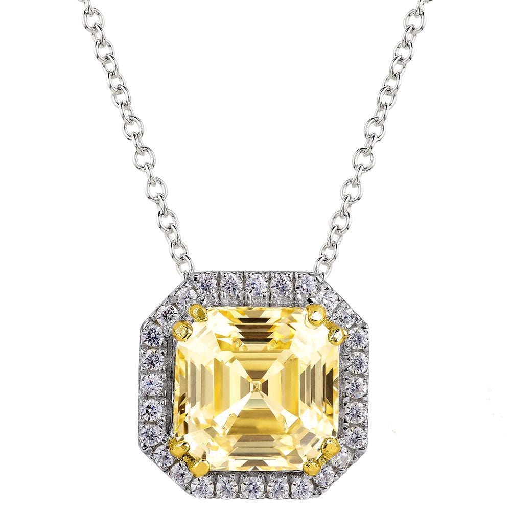 Sterling Silver Fancy Light Yellow 3 Carat Asscher Cut Necklace with Halo and 18 KGP Prongs | Bling By Wilkening | Jewelry-Exposures International Gallery of Fine Art - Sedona AZ