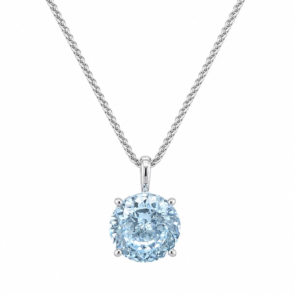 Haute Couture Composers Collection Round 6 Carat Centurion Cut Aquamarine-Hued Pendant on Sterling 1.1mm Round Wheat Chain