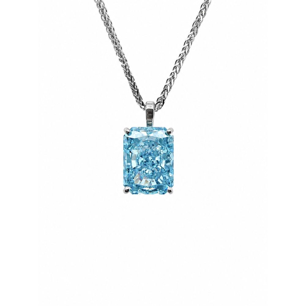 Haute Couture Composers Collection Radiant Crushed Ice Cut 24 Carat Fancy Light Blue Pendant on Sterling 1.5mm Adjustable Diamond Cut Wheat Chain
