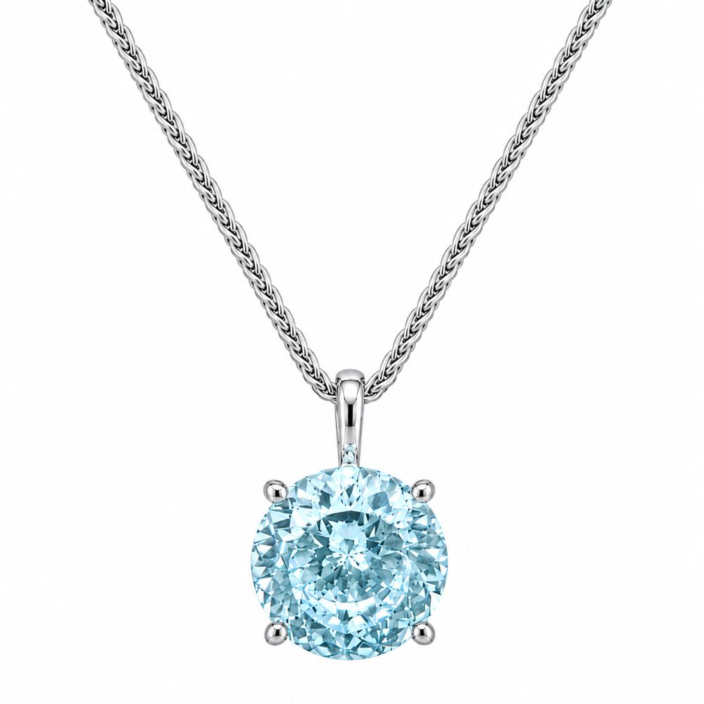 Haute Couture Composers Collection Round 11 Carat Centurion Cut Aquamarine-Hued Pendant on Sterling 1.1mm Round Wheat Chain | Bling By Wilkening | Jewelry-Exposures International Gallery of Fine Art - Sedona AZ