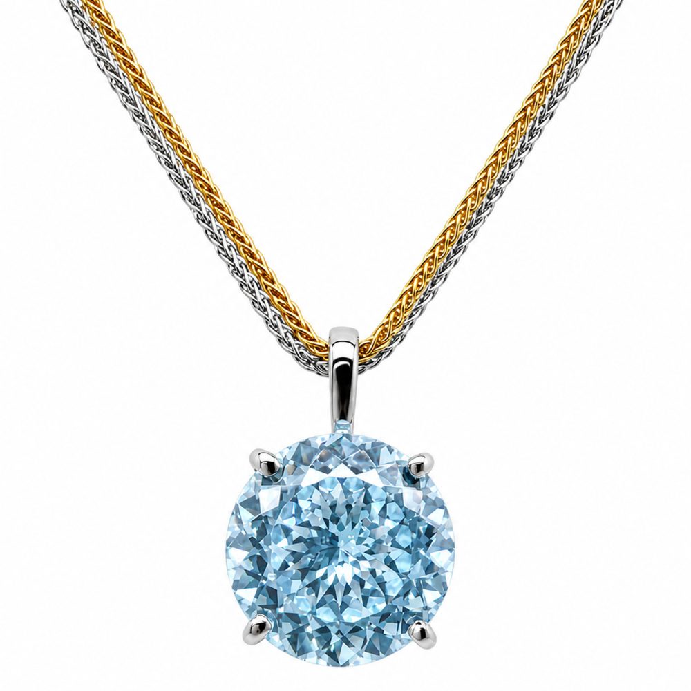 Haute Couture Composers Collection Round 17 Carat Centurion Cut Aquamarine-Hued Pendant on 2 Chains: Sterling and 18KGP 1.1mm Round Wheat