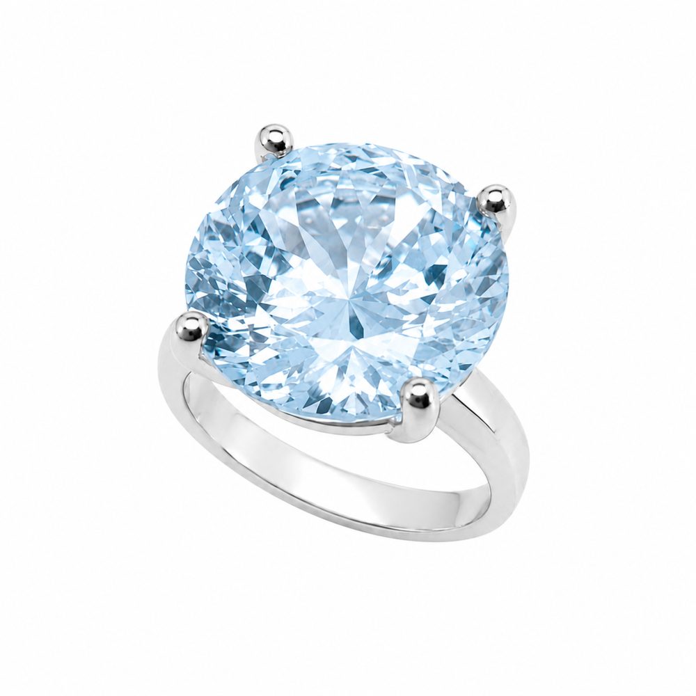 Haute Couture Composers Collection Sterling Silver 17 Carat Centurion Cut Aquamarine-Hued Round Solitaire 4 Prong Ring | Bling By Wilkening | Jewelry-Exposures International Gallery of Fine Art - Sedona AZ