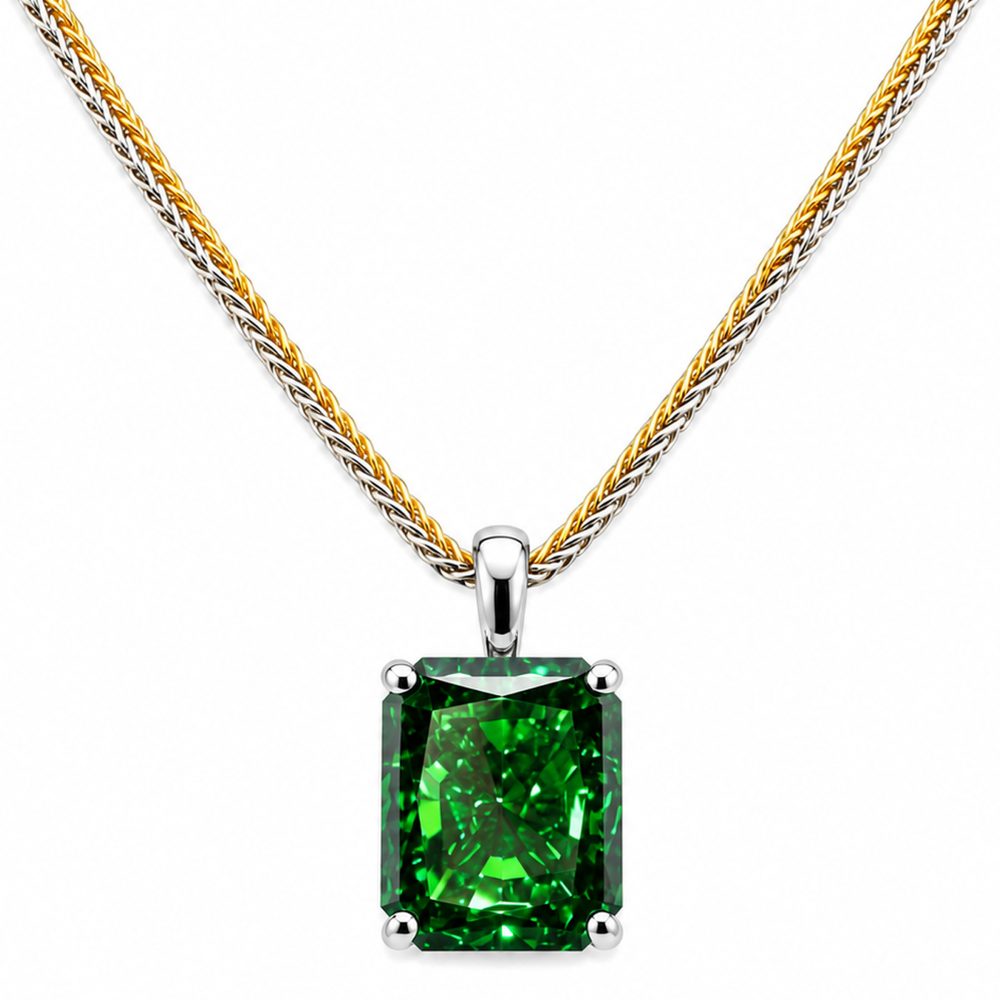 Haute Couture Composers Collection Radiant Crushed Ice Cut 21 Carat Emerald-Hued Pendant on 2 Chains: Sterling and 18KPG 1.1mm Round Wheat