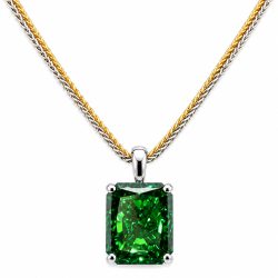 Haute Couture Composers Collection Radiant Crushed Ice Cut 21 Carat Emerald-Hued Pendant on 2 Chains: Sterling and 18KPG 1.1mm Round Wheat