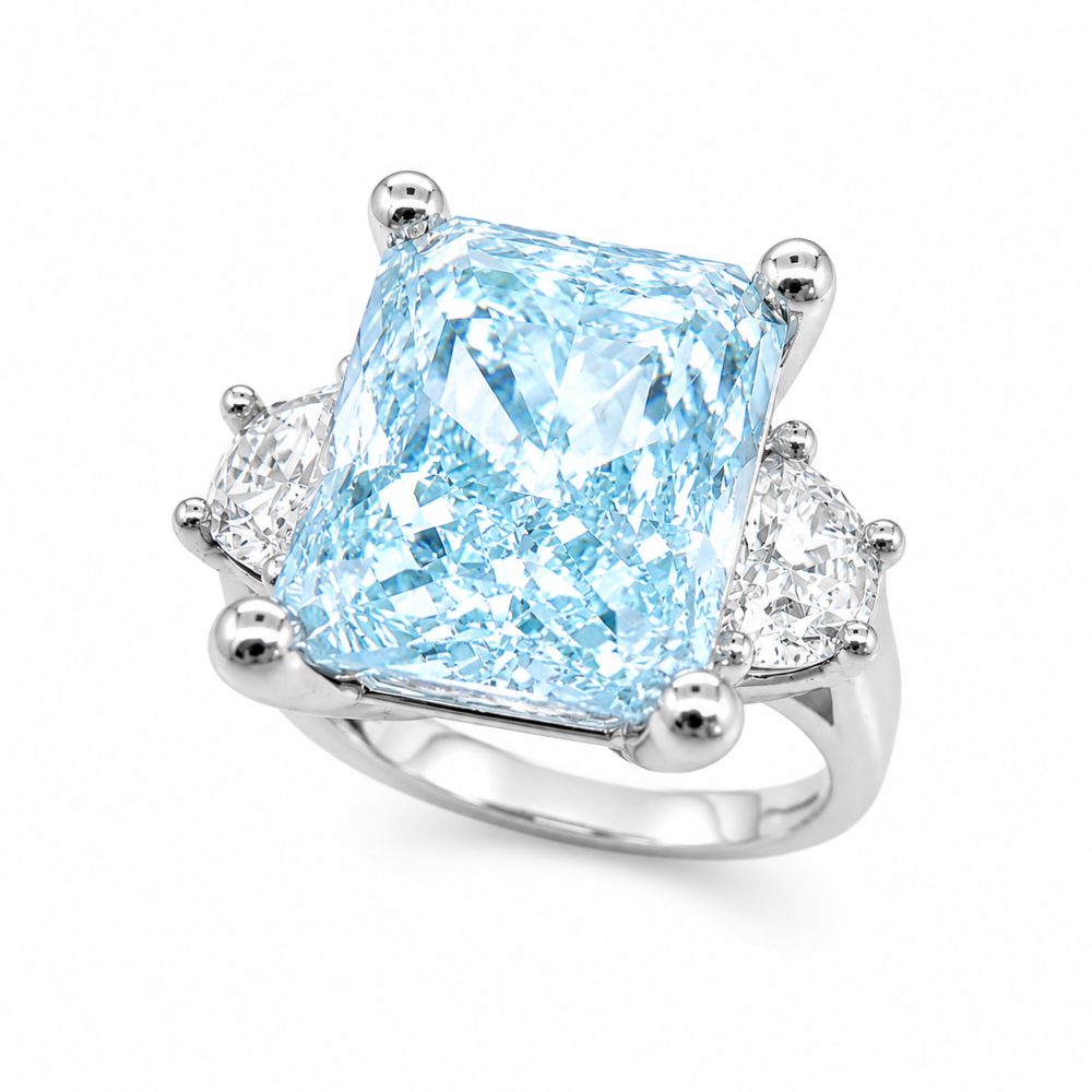 Haute Couture Composers Collection Radiant Crushed Ice Cut 12 Carat Light Aquamarine-Hued Ring with White Half Moon Accents | Bling By Wilkening | Jewelry-Exposures International Gallery of Fine Art - Sedona AZ